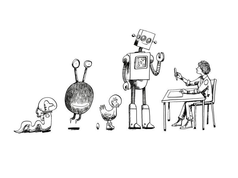 Building a team line drawing black and white aliens robots animals illustration character
