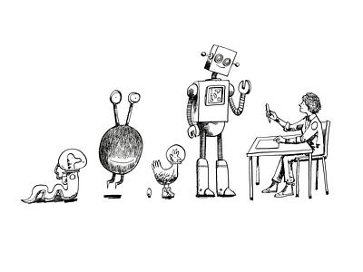 Building a team aliens animals black and white character illustration line drawing robots