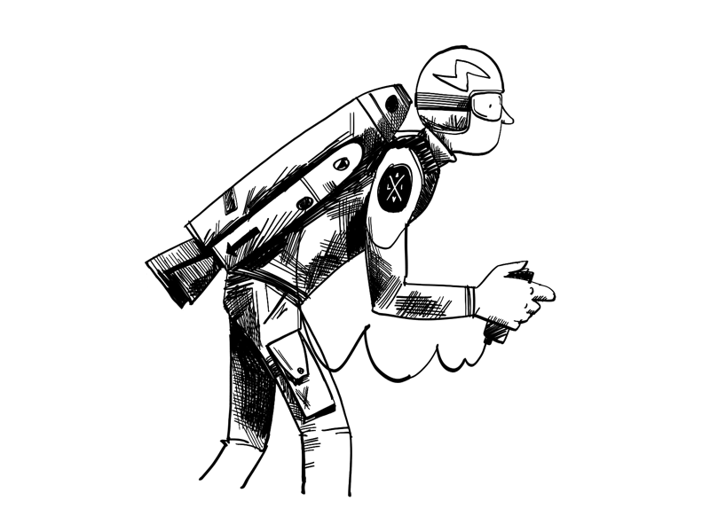 Jet pack line drawing black and white monochrome illustration character