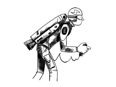 Jet pack black and white character illustration line drawing monochrome