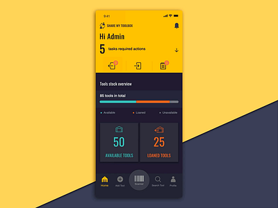 Share My Toolbox Dashboard android animation app construction dark ui dashboard design icons ios motion design tools ui ux yellow