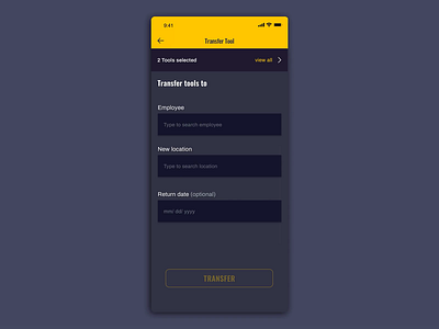 Share My Toolbox Transferring Tools android app dark design forms ios motion design principle tools transfer ui ux yellow