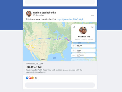 Travel Route App. Sharing via Facebook app design facebook facebook post design features feed mobile app planner planner app route share sharing sketch travel travel app traveling ui ux