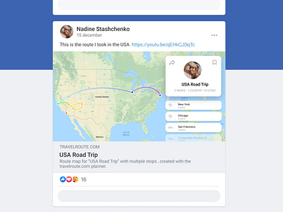 Travel Route App. Sharing via Facebook