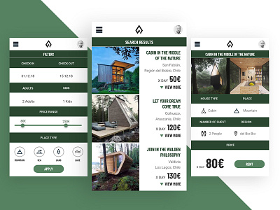 Antuko Search Process app cabin mobil first mountain nature rent sale search ui ux