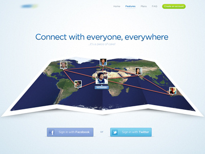Homepage is getting together blue design earth map messaging site splash page