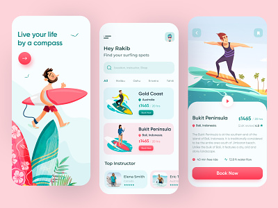 Surfing Mobile App 2020 trend adventure android app app design illustration mobile app summer surf surf app surfboard surfers surfing surfing app tour travel ui ux