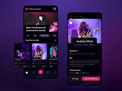 Play-by-Heart. Mobile-first web app for musicians app cards categories dark app dark mode design figma genre hiring instruments mobile music music app musician navigation bar rating ui user interface user interface design ux