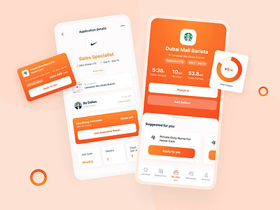 Hiring mobile app for applicants. Find, get, work, repeat app cards career chart design employment figma hiring job search mobile mobile app ui user interface ux vacancy widget