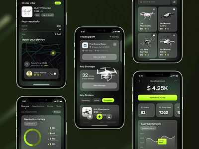 QuadRent. The mobile app for renting quadrocopters nearby animation app camera drone cards dark theme dashboard design drones figma map marketplace mobile quadrocopter rent stores ui user interface ux