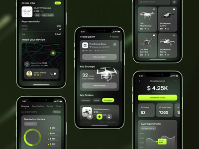 QuadRent. The mobile app for renting quadrocopters nearby animation app camera drone cards dark theme dashboard design drones figma map marketplace mobile quadrocopter rent stores ui user interface ux