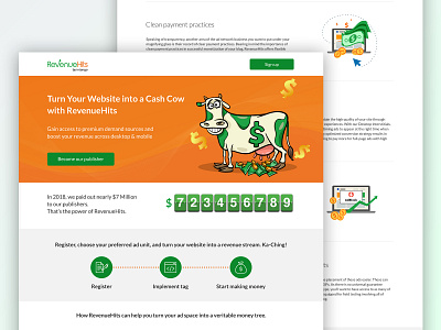 RevenueHits Landing Page branding design icon illustration landing page marketing money publisher revenue ui ux web design