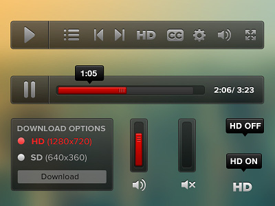 Video player elements controls design hd icon icons kit player scrub bar ui video video player web
