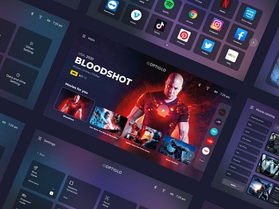 Optiglo. Portable projector interface apps cinema dark design details page film filters hbo imdb interface movies netflix portable projector settings smart tv series ui ux watching