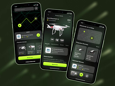 Mobile marketplace for drone renting animation app camera drone cards dark theme design dji drones fly interface map mavic motion graphics phantom quadrocopter stores ui ux