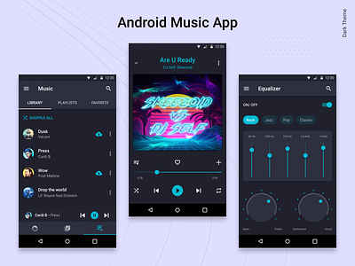 Android Music Player App. The Dark Theme. account android android app application artists dark ui design equalizer interaction light ui lists music music app player ui product design themes ui ux