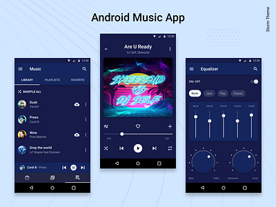 Android Music Player App. The Storm Theme. account android android app application artists dark ui design equalizer interaction interface light ui lists mobile app music music app player ui product design themes ui ux