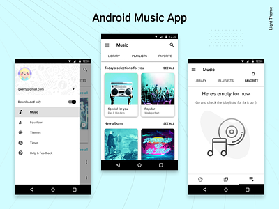 Android Music Player App. The Light Theme. account android android app application artists dark ui design interaction interface light ui lists mobile app music music app product design themes ui ux