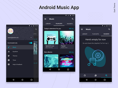 Android Music Player App. The Dark Theme. account accounts android android app animation artists dark ui design light ui mobile app music music app product design search tabs vector