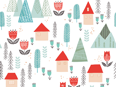 Scandinavian Mountain Village florals home decor houses mountain print and pattern repeat pattern scandinavian art scandinavian style seamlesspattern surface pattern design village