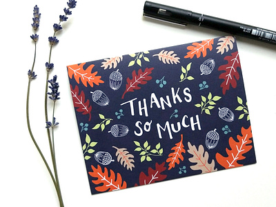 Fall Foliage Thank You Card acorns autumn fall foliage forest greeting card handdrawn illustration leaves nature navy blue orange red stationery design thank you card thanks trees