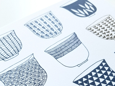 Art Print - Tea Cups art print cups handdrawn illustration japanese tea cups line drawing navy blue tea tea time