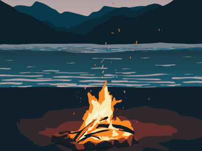 Up at dawn camp fire illustration lake mountains outdoors vector