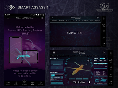 Smart Assassin Mobile Game - UAV SURS 1 - UAV Settings 3d app design drone flight fly future futurism futuristic mobile game settings smart assassin ui ux