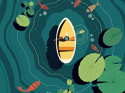 Escape from city boat cartooning digital illustration illustration lilypad nature illustration relaxing river