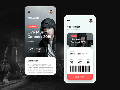 Events App android clean concert dark date eminem events ios list mobile music ticket ui uiux ux