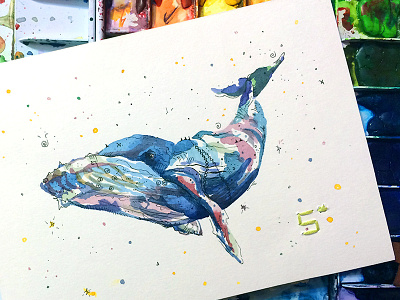 Whale watercolor series design drawing illustration pen drawing watercolor whale