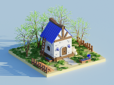 Spring time 3d blender design garden home house illustration isometric lowpoly render spring