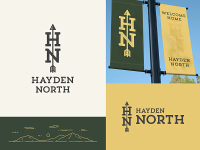 Hayden North Identity Design arrow branding community crest crooz media development flag green hayden housing identity logo mark mountains yellow