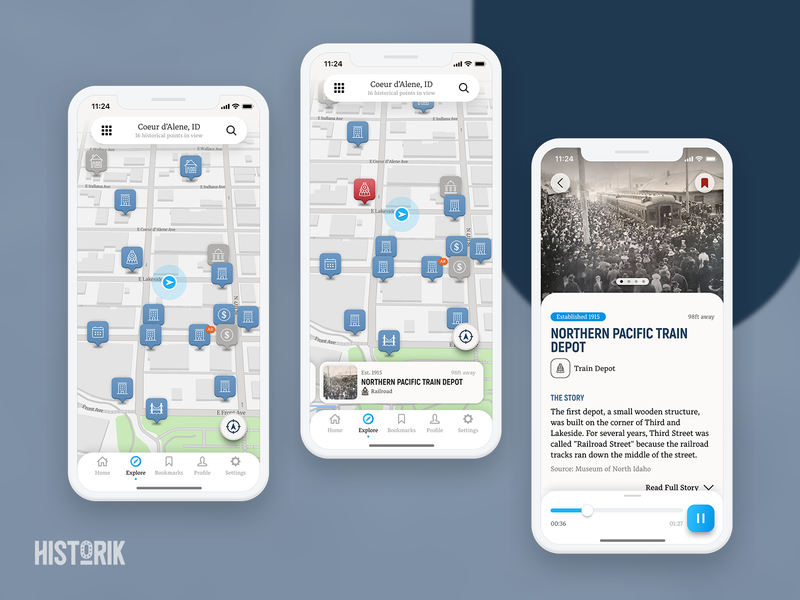 Historik App - Explore Map to History Card bookmark interface