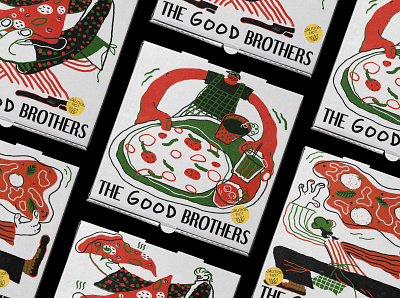 The Good Brothers Pizza Box Illustration brand illustration branding character design colorful design illustration packaging design pizza pizza box