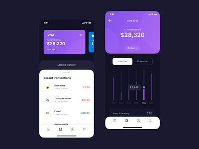 Mobile Banking App UI bank banking cards dashboard finance history payment stats transaction wallet