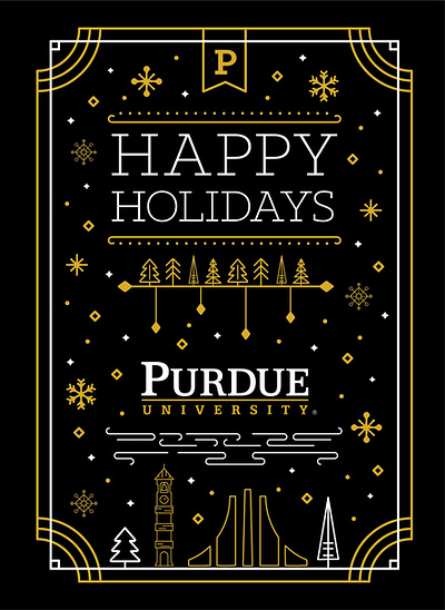 Holiday Card - Purdue University building card christmas fountain holiday icon illustration line line art snowflake star tower tree