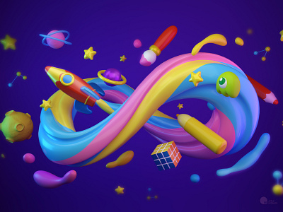 Colors' Space 3D 3d art arnold render colors design illustration imagination kids painting pencil plantet rocket space