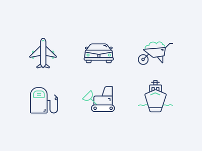 Icons aeroplane car forklift gas pump icons line icons ship stroke icons