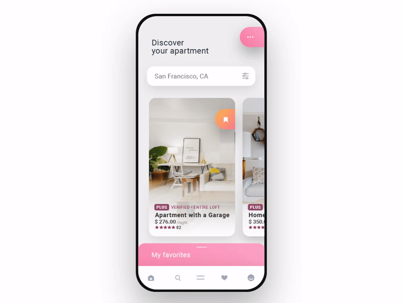 Search result and favorites list (Airbnb App) after effect airbnb animation apartment app booking cards concept design favorite house interaction interface motion rent search slider travel ui ux