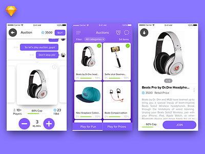 Auction application catalog chat design details ios item info menu mobile tiles ui ux