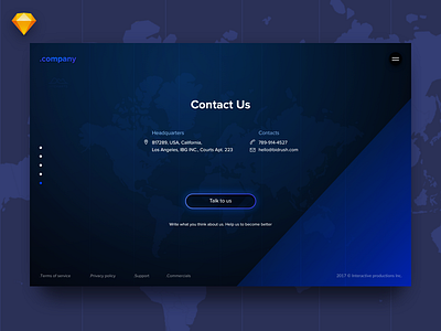 Contacts blue button contacts dark landing page map product ui website