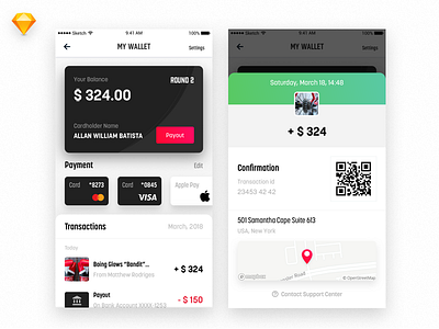 Wallet (proto inside) card concept iphone light listing popup transactions user profile wallet