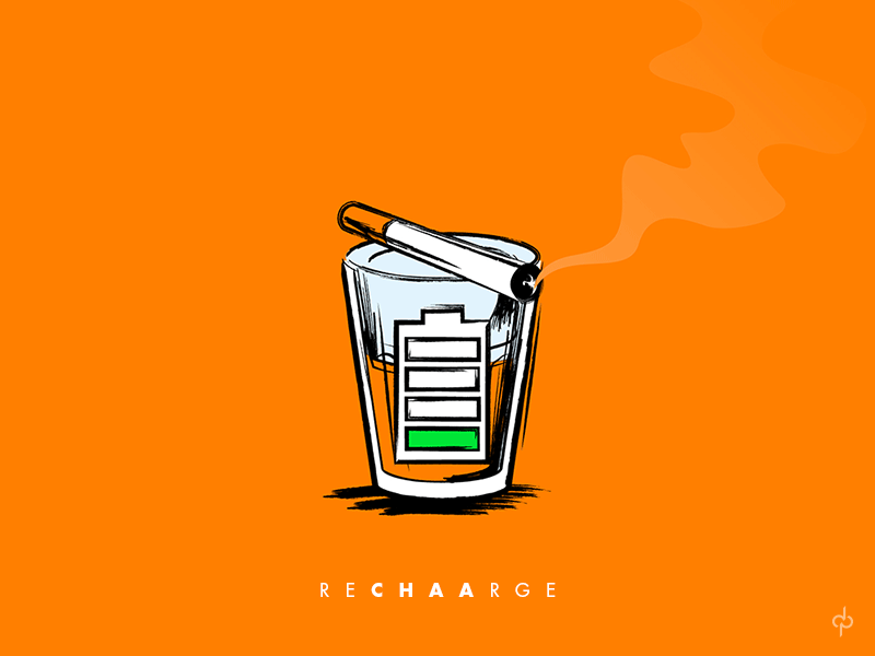 Small Recharge animation battery booster chaa charge cigarette cup design energy illustration no smoking power recharge smoke tea