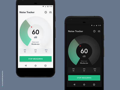 Noise Tracker android app challenge clean dark mode design flat material minimalist mobile noise product design tracker ux