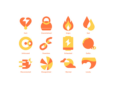 Negative Emotions angry disconnected dissapointed emotions exhausted flat design guilty hurt icons illustration lonely mental health awareness mentalhealth negative overwhelmed powerless sad unfocused worried