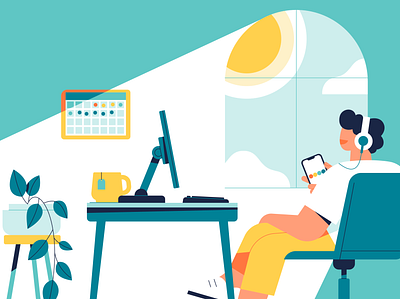 Daily Checkin break check on you chilling daily checkin desk flat design happiness happy home office illustration mental health office pause plants set up sun sun bathing take a brea taking a break working