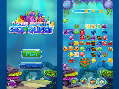 "Sea Quest" Screens game gui icons match3 screen sea ui