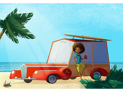 Woody Station Wagon at the Beach beach bright car cute illustration lady pop station wagon woody