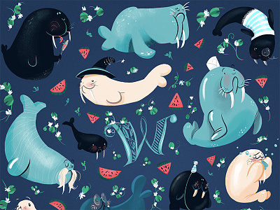 Walrus' & Watermelons character cute design illustration pattern sea walrus water lilies watercress watermelon wizard